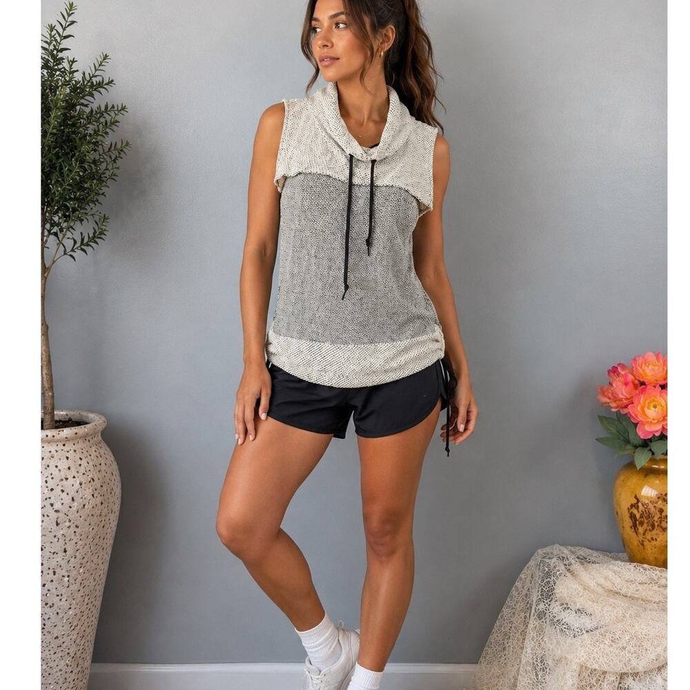 Te Verde Sleeveless Knit Cowl Neck Gray Ivory Drawstring Workout Sporty Tank Lg